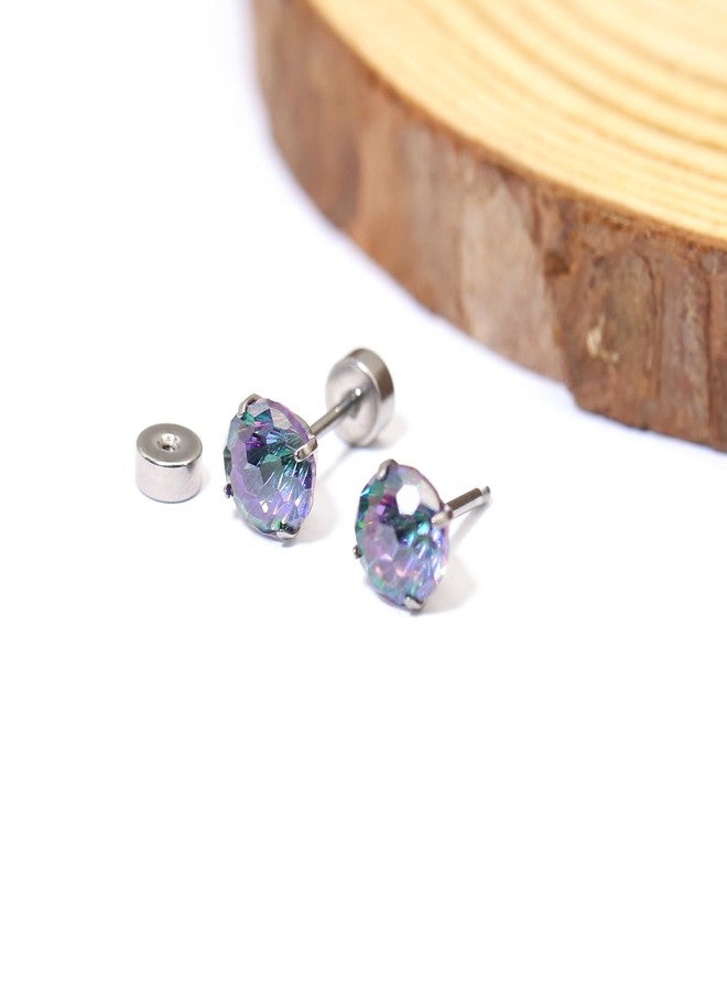 ZDE Titanium Women Flatback Earrings AAAA+ Cubic Zirconia Silver CZ Simulated Diamond Earrings Stud Hypoallergenic Cartilage Earring Piercing Jewelry 6mm (Colorful CZ, 6MM) - Image 5